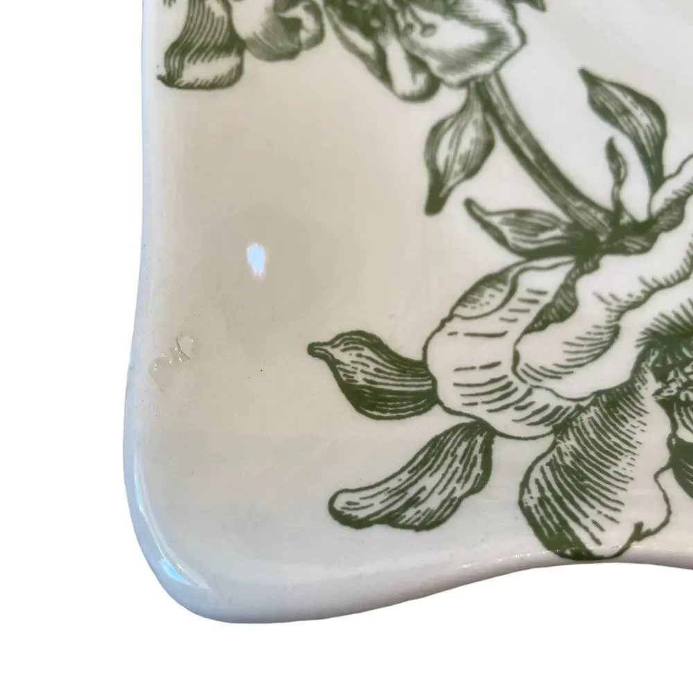 MAXCERA Green Floral Dinner Plates 11in Square Ceramic Set of 2 NEW